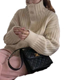 Woherb New Fashion High Collar Pit Strip Soft Waxy Long Sleeve Thick Line Knit Cardigan Female Add Thick Loose Sweater Coat Female-Outfit