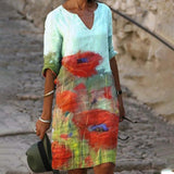 Women Dress Summer Vintage Print V-Neck Half Sleeve A-Line Dress Sundress 2021 Fashion Female Loose Dresses
