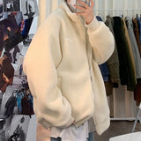 Lamb Velvet Jacket Men Zipper Stand Collar Short Cardigan Coat Autumn Winter Loose Casual Korean Turtleneck Fashion Female