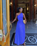 Women High Waist Hollow Out One Shoulder Cutout Pleated Dress Evening Party Ankle Length Long Dress Sleeveless Sexy Slim-Outfit