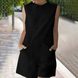 Solid Rompers ZANZEA 2022 Fashion Women Sleeveless Short Jumpsuits Female Casual Loose O Neck Pockets Overalls