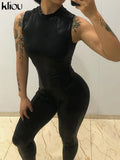 Kliou Solid Concise Jumpsuits Women Skinny O-Neck Sleeveless Zipper Body-Shaping High Waist One Piece Outfit Streetwear
