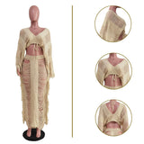 Hollow Out Hole Tassel 2 Piece Set Women Sexy Lace Up V Neck Crop Top + Long Skirts Skinny Club Party Beach Outfits 2023-Outfit