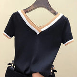 Color Striped Knitted 2021 Summer Top Shirt Woman Clothes V-Neck Short Sleeve Shirt Women Femme Camisetas Mujer