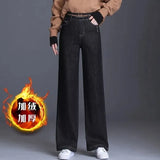 Plus Velvet Baggy Jeans Women Elastic High Waist Wide Leg Pants Thick Vintage Vaqueros Fall Winter Office Denim
