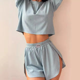 Women's Spring Summer Fashion Short Collar T-Shirt Blouse Shorts Two Sets Of