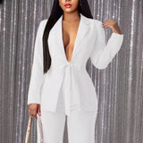 Women White Blazers Spring with Sashes Elegant Buttons Large Size Jacket Tops Office Ladies Black Formal Classy Business