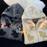 New Star Pattern Print Full Face Zippered Zip-Tunic Harajuku Zipper To Top Hoodie