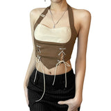 Woherb 2023 New Women's Sexy Slim Fashion Bump Color Hanging Neck Small Vest-Outfit