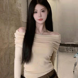 Sexy Slash Neck Knitted Sweater Women Fashion Pleated Off Shoulder Jumpers Woman Elegant Long Sleeve Slim Ft Pullovers-Outfit
