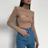 Women's Turtleneck Sexy Hollow Out Ribbing Knitted Sweaters Pullovers Female Two Piece Set Knitted Top Solid Basic Slim