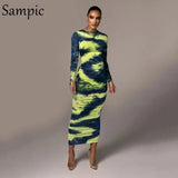 Black White O Neck Autumn Print Long Sleeve Tie Dye Bodycon Sexy Ruched Women Dress Long Party Club Wrap Dress