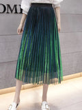 Spring Midi Shine Gradient Color Mesh Skirt Women Party High Waist Pleated Long Tulle Skirt QT1864-Outfit