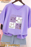 Plus Size T Shirt 100% Cotton L-5XL Tshirt Short Sleeve Women Top 2023 Summer Cartoon T Shirt V Neck Oversized T Shirts-Outfit