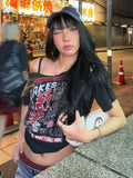 Black Tee Y2k Letter Print Off Shoulder Punk T-shirts Women Harajuku Streetwear Grunge T Shirt Aesthetic Loose Crop Tops 1028-1-Outfit