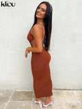 Kliou Ribbed Lace up Maxi Dress Women Sexy Solid Sleeveless Backless Body-Shaping Cut Out Skirt Party Clubwear Female