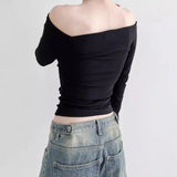 Woherb Wind Foundation Simple Solid Color One Word Collar Off-Shoulder Bottom T-Shirt 2023 New Temperament Age Reduction Slim Jacket-Outfit