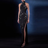 Fashion Heavy Industry Three-Dimensional Nails Studded Elastic Hanging Neck Long Dress Dress
