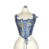 Spring And Summer New French Retro Wrapped Court Corset Front Strap U Tie Leaf Printed Vest Female