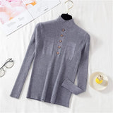 Pullover Women Sweater Autumn Knitted Button Long Sleeve Half Turtleneck Female Jumper Elastic Korean Fashion Blouse