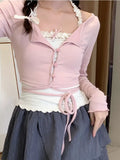 2 Piece Set Woman Pink Long Sleeve Fashion Tops Basic Casual Korean Style Blouse Design Kawaii Clothing 2023 Summer Chic-Outfit