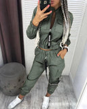 Women Fashion Casual Autumn Winter 2pcs Clothes Set Pockets Zipper Long Sleeve Top Elastic Waist Pants Cargo Solid Color-Outfit
