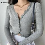 Korean Style V-neck Lace Cropped Cardigan Women Sexy Slim Knitted Sweater Harajuku Solid Long Sleeve Crop Tops