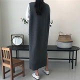 Casual Women Sleeveless Knitted Dress 2020 Spring O-neck Side Split Female Sweater Long Dress Waistcoat Vestidos femme-Outfit