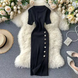 Summer New Knee Tight Elastic Knitted Dress Open Design Buckle Round Neck Dress Short