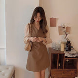 Woherb Long-Sleeved Chiffon Dress Waist Show Thin Bottom Skirt Female New Fake Two Foreign Style Small Short Skirt-Outfit