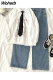 2 Piece Set womens outfits cotton Sportswear Casual loose full Sleeve hoodies and denim wide leg pants Two Piece Sets INS 430-1-Outfit