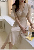 Korea Chic Dress 2021 Summer Holiday Date Girls V Neck Draped Sweet Romantic Floral Printed Women Long Dresses