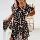 Floral Print Dress 2021 Summer Causal Short Sleeve Ruffles Dresses Bohemian O Neck A-Line Loose Female Mini Dress