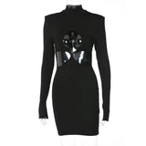 Solid Long Sleeve Turtleneck Hollow Out Mini Dress 2021 Fall Bodycon Party Elegant Streetwear Vestidos