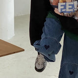 Women Straight High Waist Mopping Loose Simple Streetwear Denim Trousers Female Embroidery Designed Fashion Wide Leg Ins-Outfit