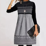 Women 2021 Autumn Winter Elegant Patchwork Print Party Dress Ladies Casual O-Neck Long Sleeve Midi Party Loose A-Line