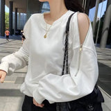 Autumn Casual Fashion Round Neck Zipper Off Shoulder Sweatshirt Women Long Sleeve Solid Jumpers Personality Pullover Top-Outfit