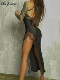 Satin Solid Halter Bandage Backless Lace Sexy Irregular Maxi Prom Dress 2022 Spring Slit Evening Party Elegant