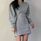 2022 New Fashion Women Solid Grey Sexy Blackless Dresses Elegant Female Long Sleeves Causal Party Club Dresses Female
