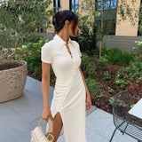 2020 Short Sleeve Buttons Patchwork Slit Sexy Dress Autumn Winter Women Fashion Streetwear Outfits Party Elegant