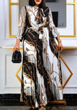 Vintage Bow Full Sleeves Chain Print Belted Maxi Pleated Plus Size Long