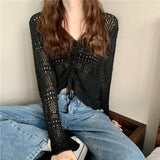 Woherb Out Thin Jacket Summer 2024 New Draw Rope V Collar Short Money Wearing Sunscreen Shirt Sweet Spicy Short Sleeve Knit Women-Outfit