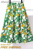 Floral Print High Waist Green Skirt Women Vintage Casual Midi Long A-line Skirt For Spring Summer QT1559-Outfit