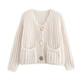 Women's Solid Color Single Buckle Double Pocket Short Thick Knit Shirt Coat Top