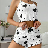 New 2025 Knitted Pit Strip Love Print Design Sweet Sling Shorts Pure Pyjamas