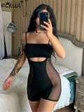 Sexy Mesh Patchwork Black Rompers For Women 2022 Straps Backless Bodycon Jumpsuit Short Female Club One Piece