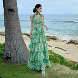 French Vacation Halo Dye Green Neck Hanging Belt Cake Dress Summer New Sanya Seaside Vacation Dress-Outfit