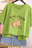 100% Cotton L-5XL Plus Size T Shirt Bunny Print V Neck Tshirt Short Sleeve Women Top Basic Summer Couple Solid T Shirts-Outfit