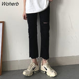 Women Vintage Straight Trousers Hole Ripped High Waist Ankle-length Korean Style All-match Casual Students Daily Female-Outfit