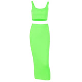 spaghetti straps crop tops skirt 2 pieces sets 2019 summer women neon green solid party streetwear female slim